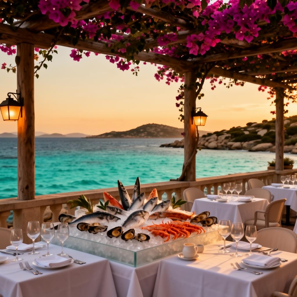 Quattro Passi al Pescatore Porto Cervo refined seafood fine dining terrace overlooking turquoise Mediterranean at golden hour with white tablecloths under a pergola of bougainvillea and an ice display of fresh seafood