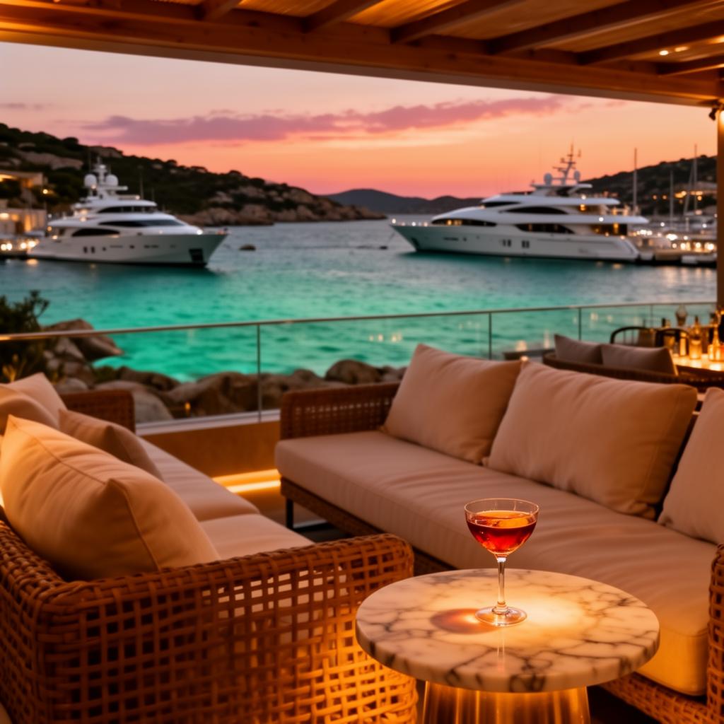 Zamira Lounge Porto Cervo refined upscale outdoor lounge bar at sunset overlooking the marina with luxury yachts on turquoise water, low rattan sofas with cream cushions, warm amber lighting and a single negroni on a marble side table