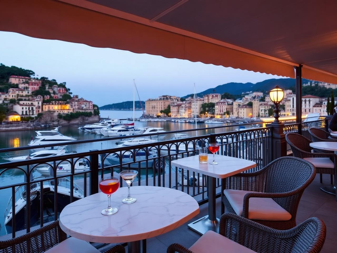 Chuflay Bar at Belmond Hotel Splendido Mare Portofino refined terrace bar overlooking the small harbour at dusk with marble bistro tables, rattan chairs and a single negroni
