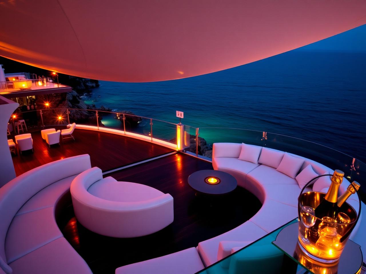 Covo di Nord-Est Santa Margherita Ligure legendary seaside late nightclub open-air terrace above the Mediterranean with curved white sofas, dramatic warm lighting and an ice bucket with champagne