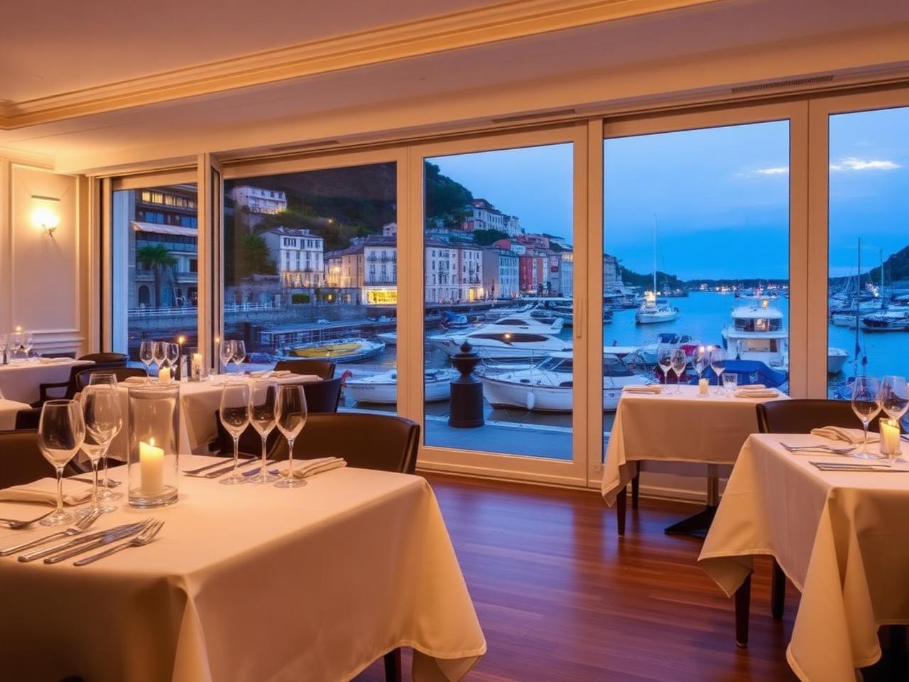 DaV Mare Portofino refined fine dining restaurant interior with white tablecloths, candles and large windows opening to the small pastel harbour at dusk