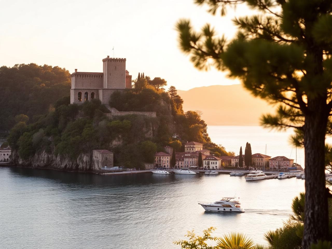 Castello Brown above Portofino at golden hour, historic stone fortress on a wooded headland with cypress trees overlooking the small pastel harbour and the Ligurian sea below