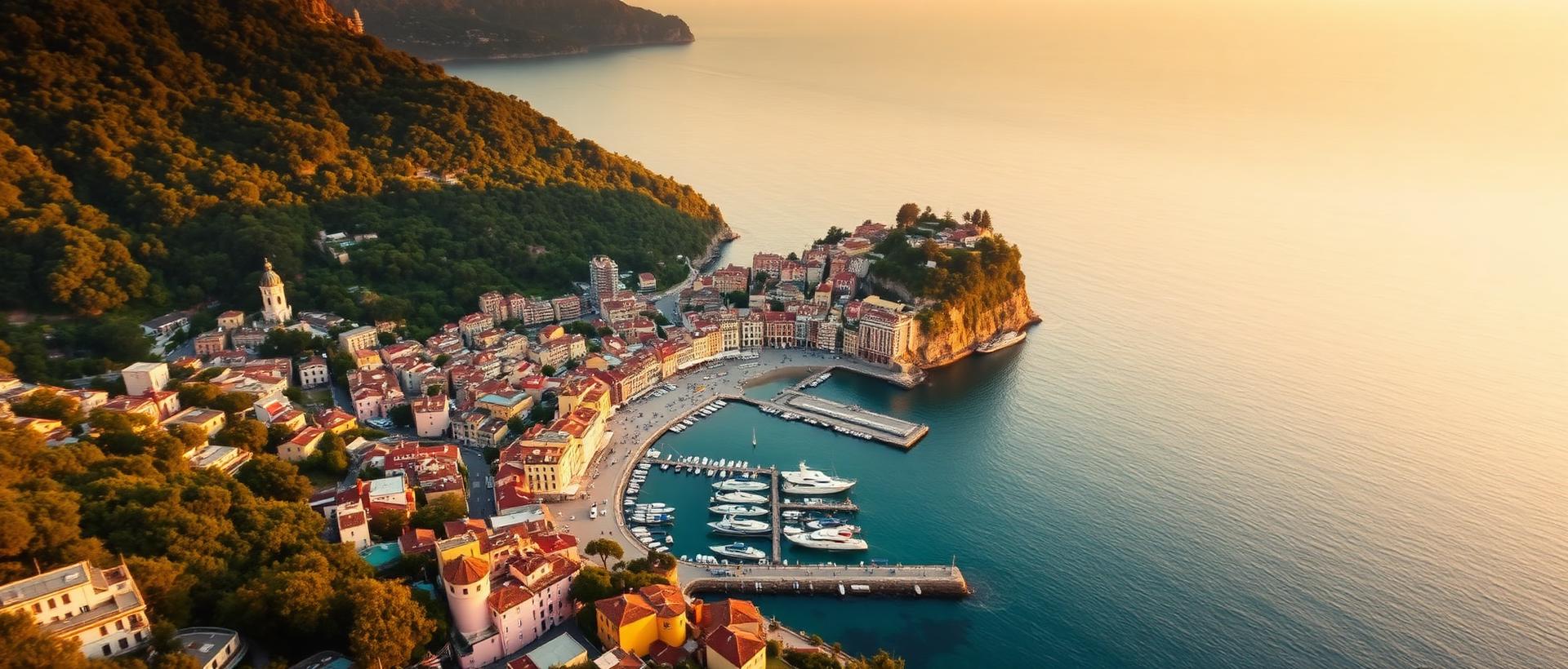 Aerial panorama of Portofino at first light with the famous tiny harbour of pastel Ligurian houses curved around the small bay and wooded green headlands of Monte di Portofino