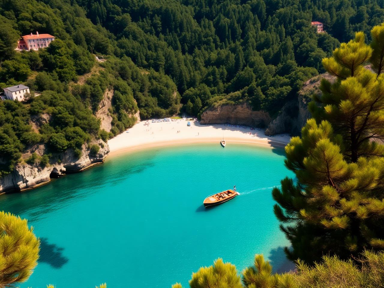 Paraggi Bay near Portofino, small turquoise crescent cove with fine sand surrounded by wooded green hills and a single classic wooden Riva boat moored offshore at golden hour