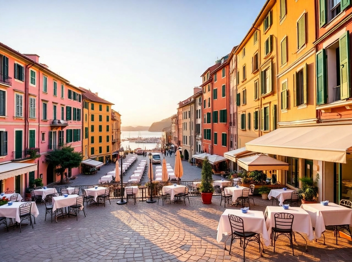 Piazzetta of Portofino at golden hour with pastel pink and yellow Ligurian buildings, café tables with white linens and the small harbour visible just beyond