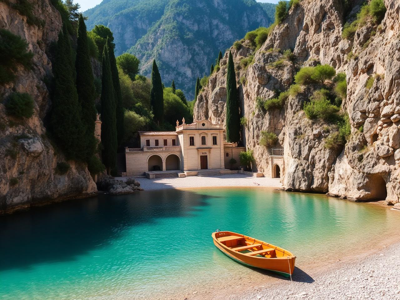San Fruttuoso Abbey on the Italian Riviera coast, ancient Benedictine abbey nestled in a pebble cove between cypress-covered cliffs with turquoise Mediterranean water and a small wooden boat