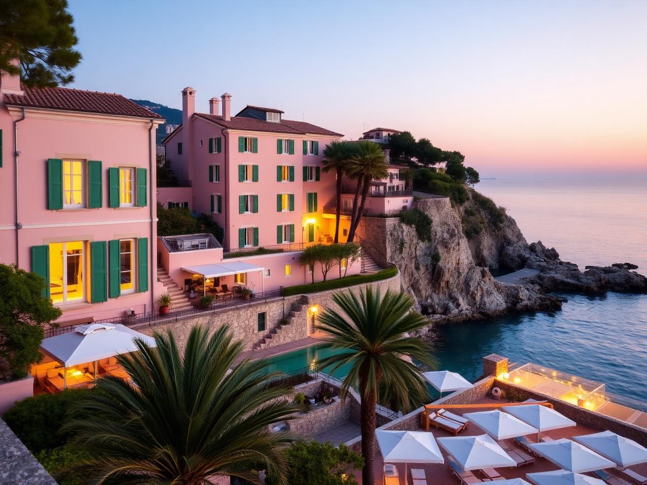 Eight Hotel Paraggi refined boutique seaside hotel beach club terrace above turquoise Paraggi cove at dusk with white parasols, palms and warm windows glowing