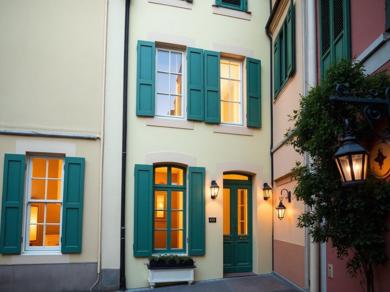 Eight Hotel Portofino refined boutique luxury hotel facade in a small alley off the Piazzetta at dusk with pastel yellow Ligurian townhouse, green shutters and warm windows glowing