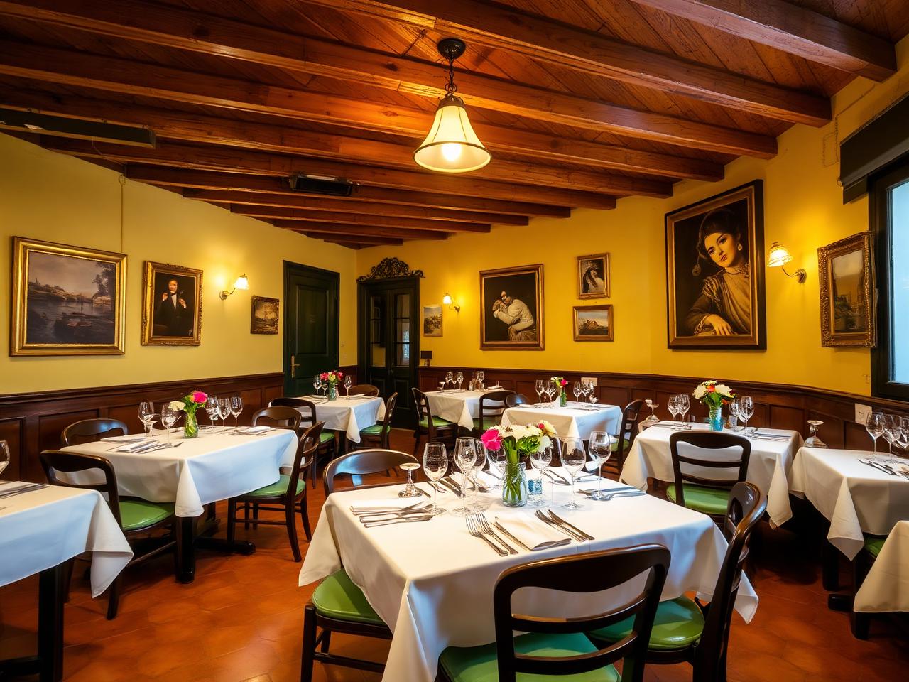 Ristorante Puny Portofino legendary trattoria interior with yellow walls hung with portraits, wood-beamed ceiling, terracotta floor and white tablecloths