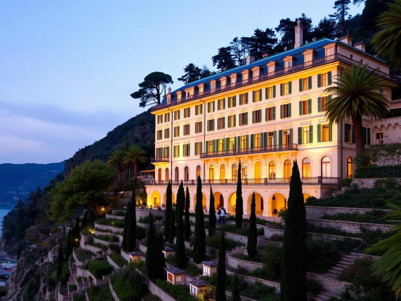 Belmond Hotel Splendido Portofino legendary Belle Epoque hotel on the wooded hillside above the harbour at dusk