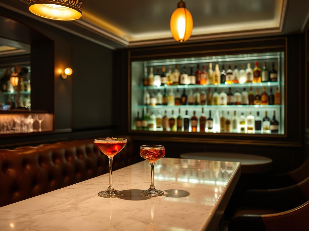 Winterose Portofino refined intimate cocktail bar interior with marble counter, leather banquettes, dim warm pendant lighting and a single negroni in a crystal glass