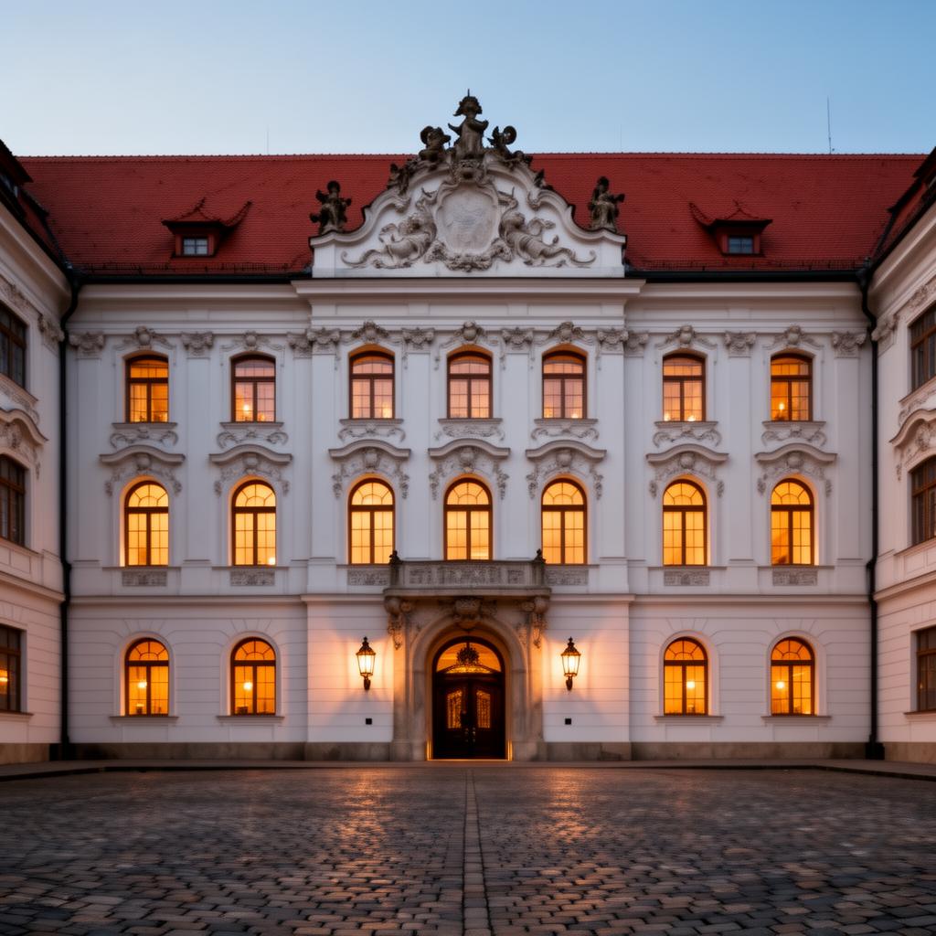 Augustine a Luxury Collection Hotel Prague refined luxury hotel facade in Mala Strana set in a converted 13th-century monastery with elegant white pastel Baroque facade and warm-glowing arched windows at dusk