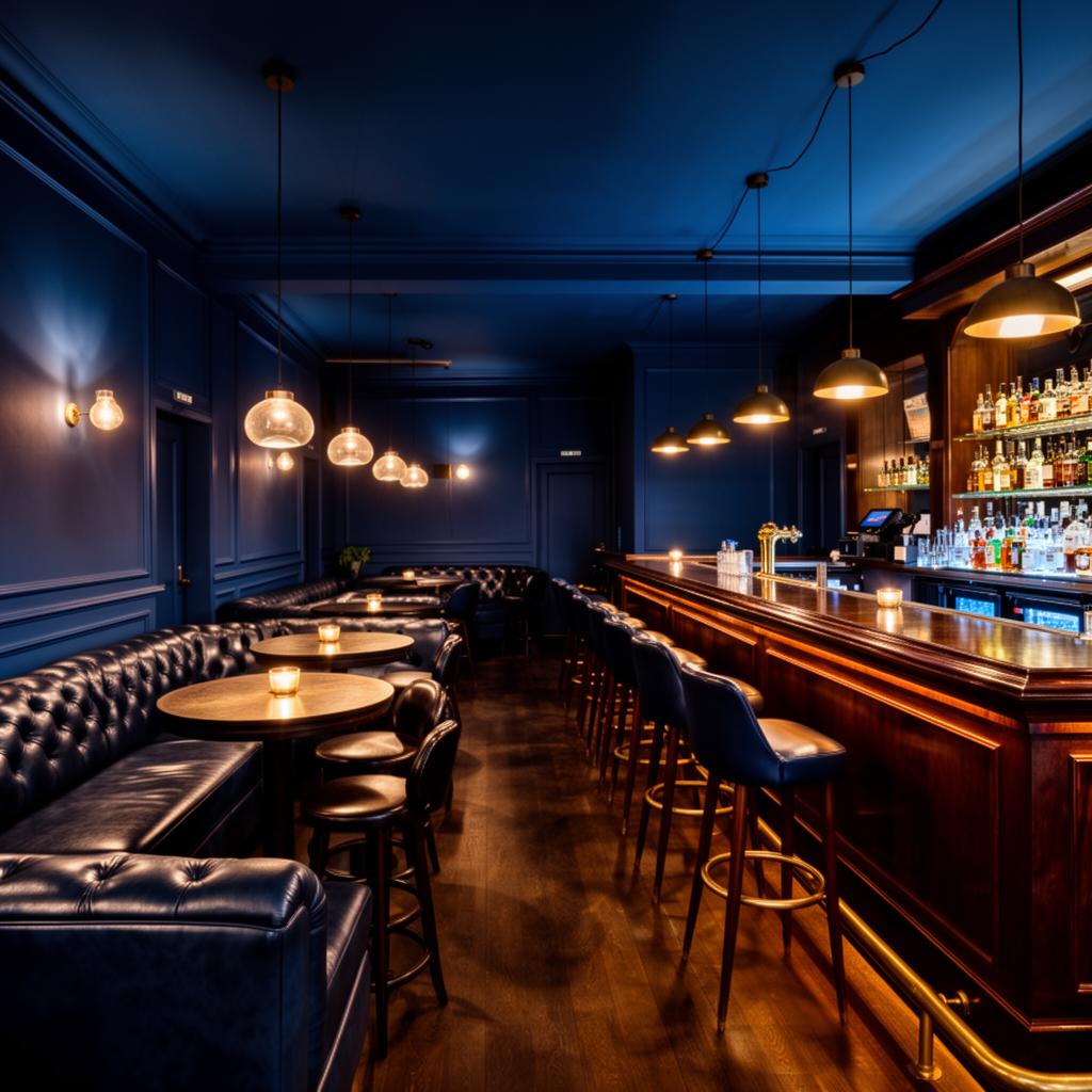 Barracuda Music Bar Karlovy Vary refined intimate late music bar interior with low warm amber lighting, dark wood, leather banquettes and polished marble bar
