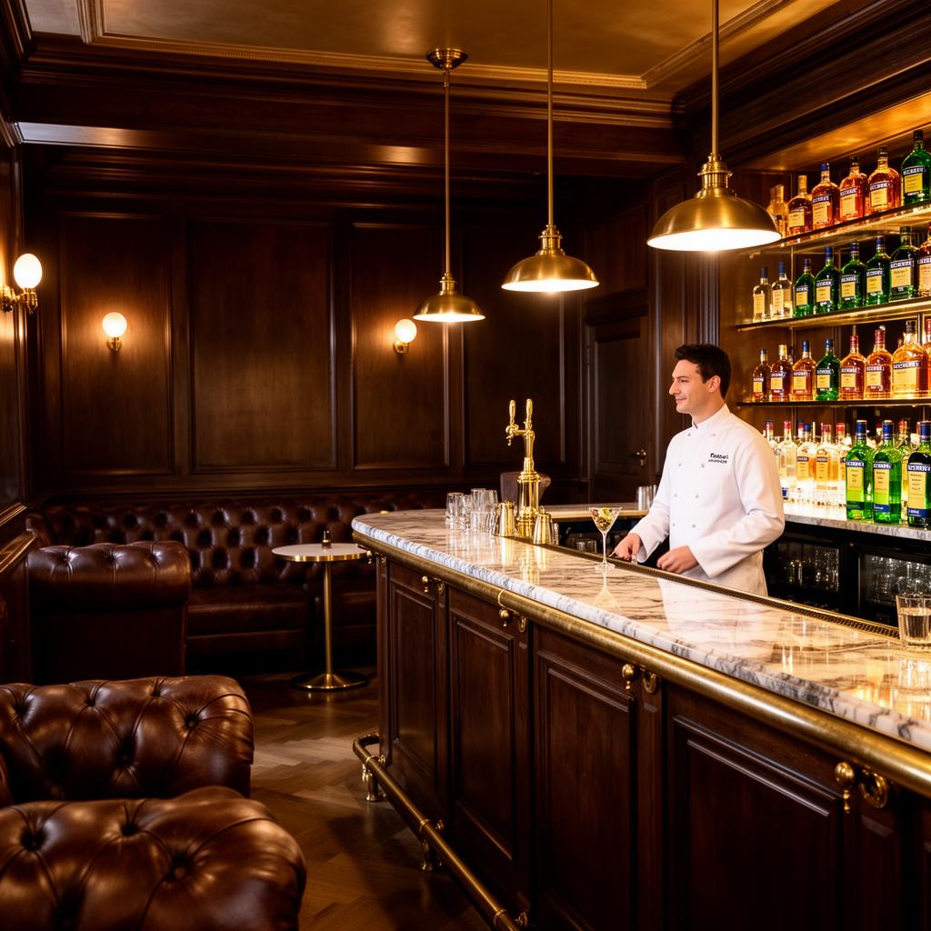 Becher's Bar at Grandhotel Pupp Karlovy Vary refined classical hotel bar interior with dark wood paneling, brass fittings, leather banquettes and a white-jacketed bartender