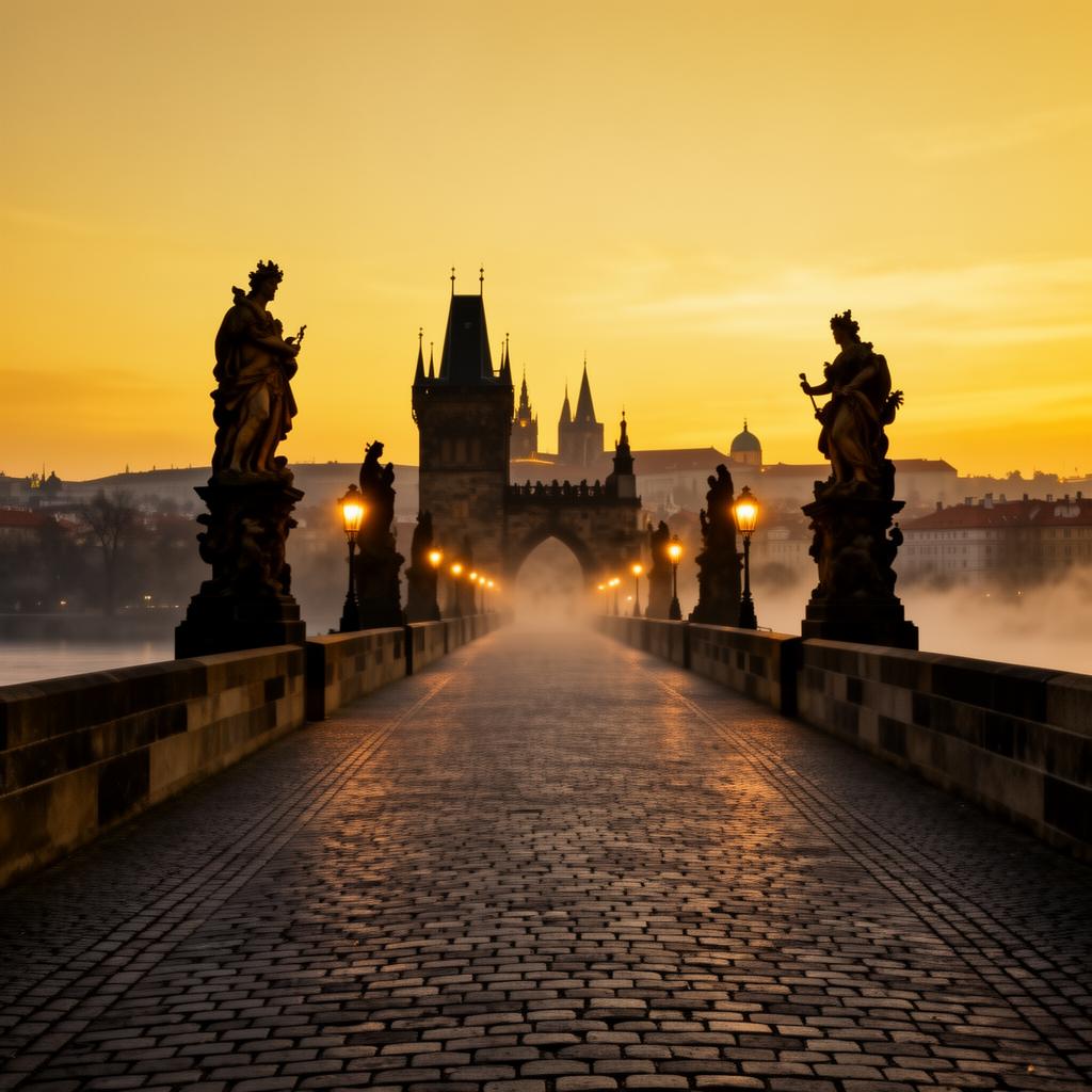 Charles Bridge Prague at dusk with empty cobblestone bridge, baroque statues silhouetted against a golden sky, the Old Town spires and mist from the Vltava