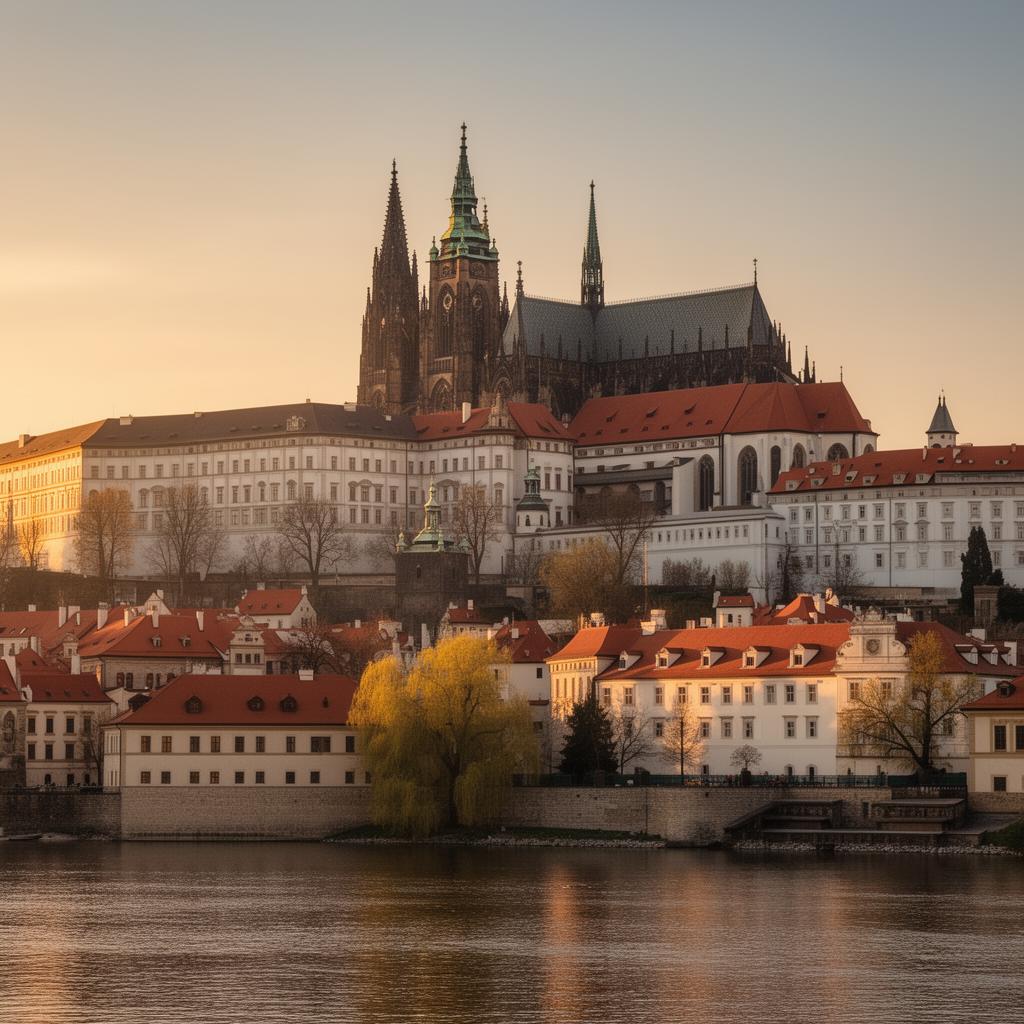 Prague Castle and St. Vitus Cathedral at golden hour with the Gothic cathedral spires above the white Castle complex, view from across the Vltava