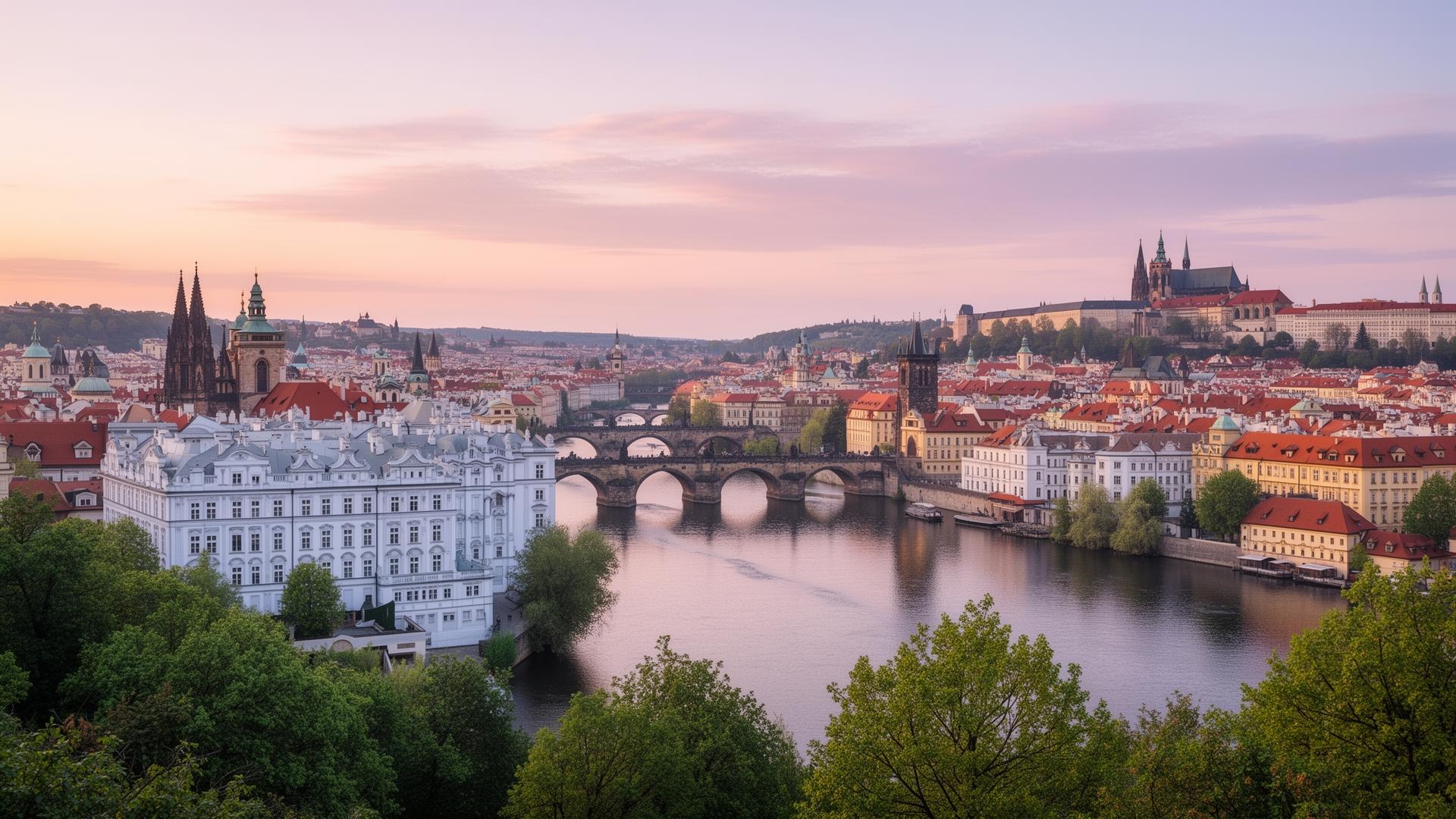 Prague panorama at first light from a hillside with the Vltava river curving through the city, white pastel Baroque buildings, the Charles Bridge and Prague Castle on the hill