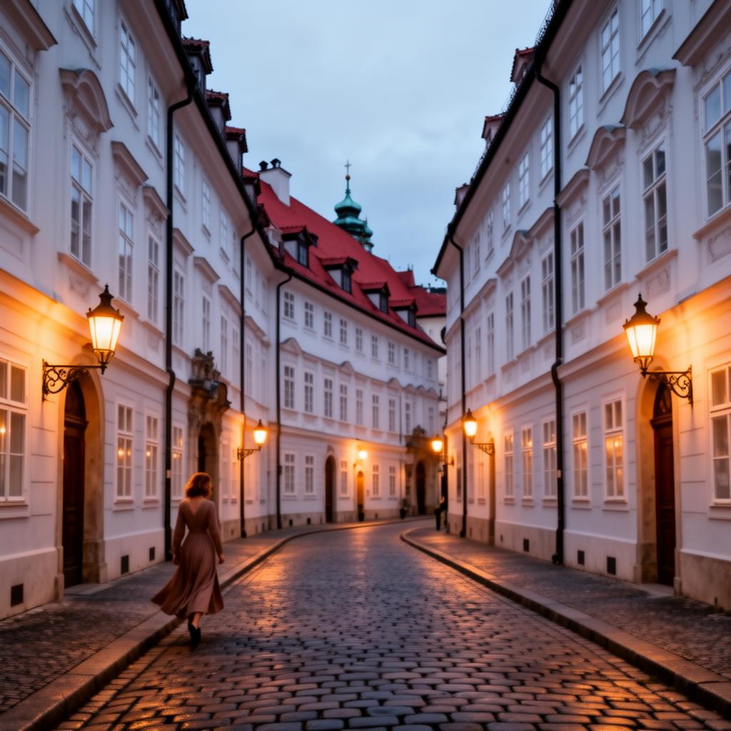 Mala Strana lesser quarter Prague at dusk with narrow cobblestone street, white pastel Baroque townhouses with red roofs and warm lamplight