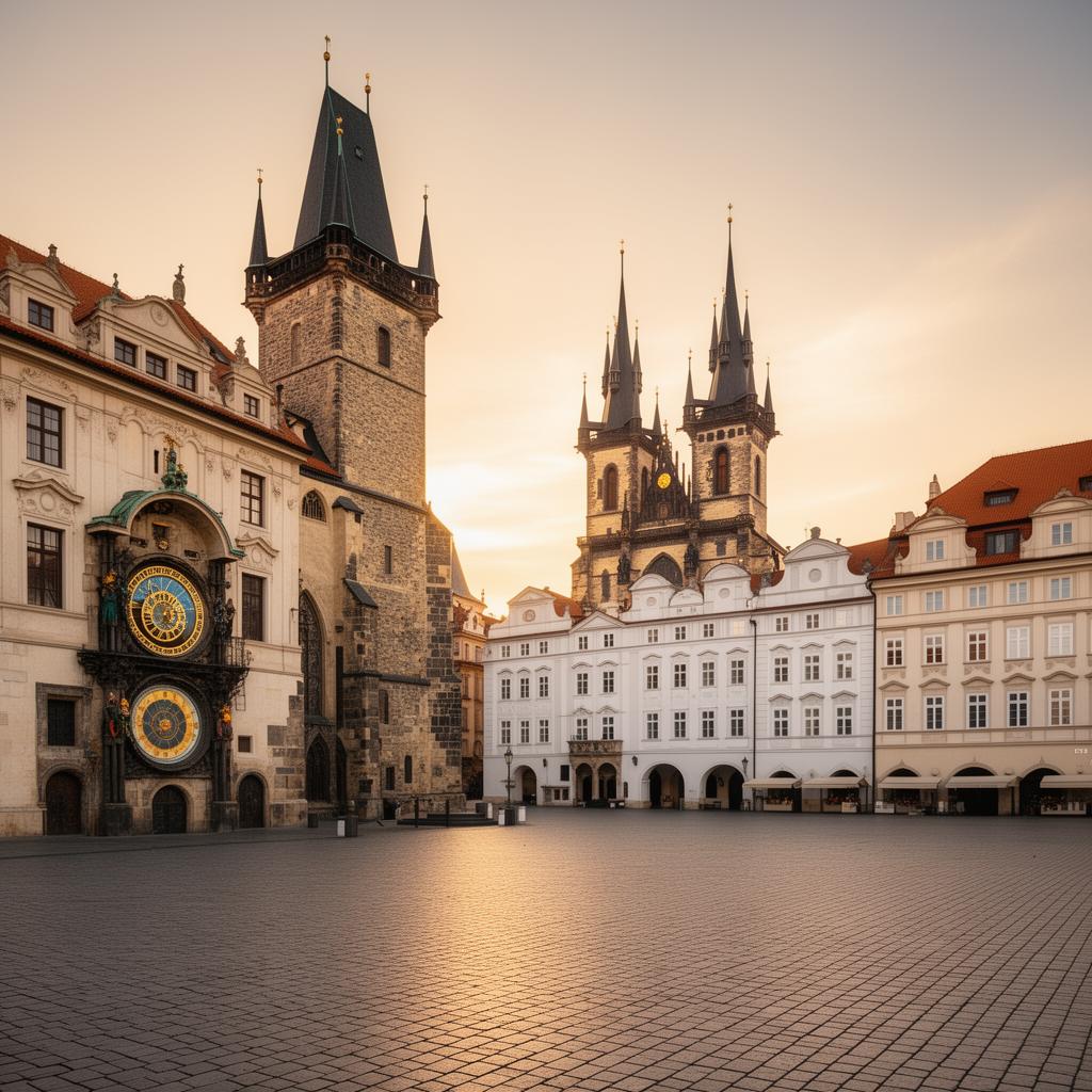 Old Town Square Prague at golden hour with the Astronomical Clock tower, the Týn Cathedral twin spires and white pastel Baroque facades around an empty cobblestone square