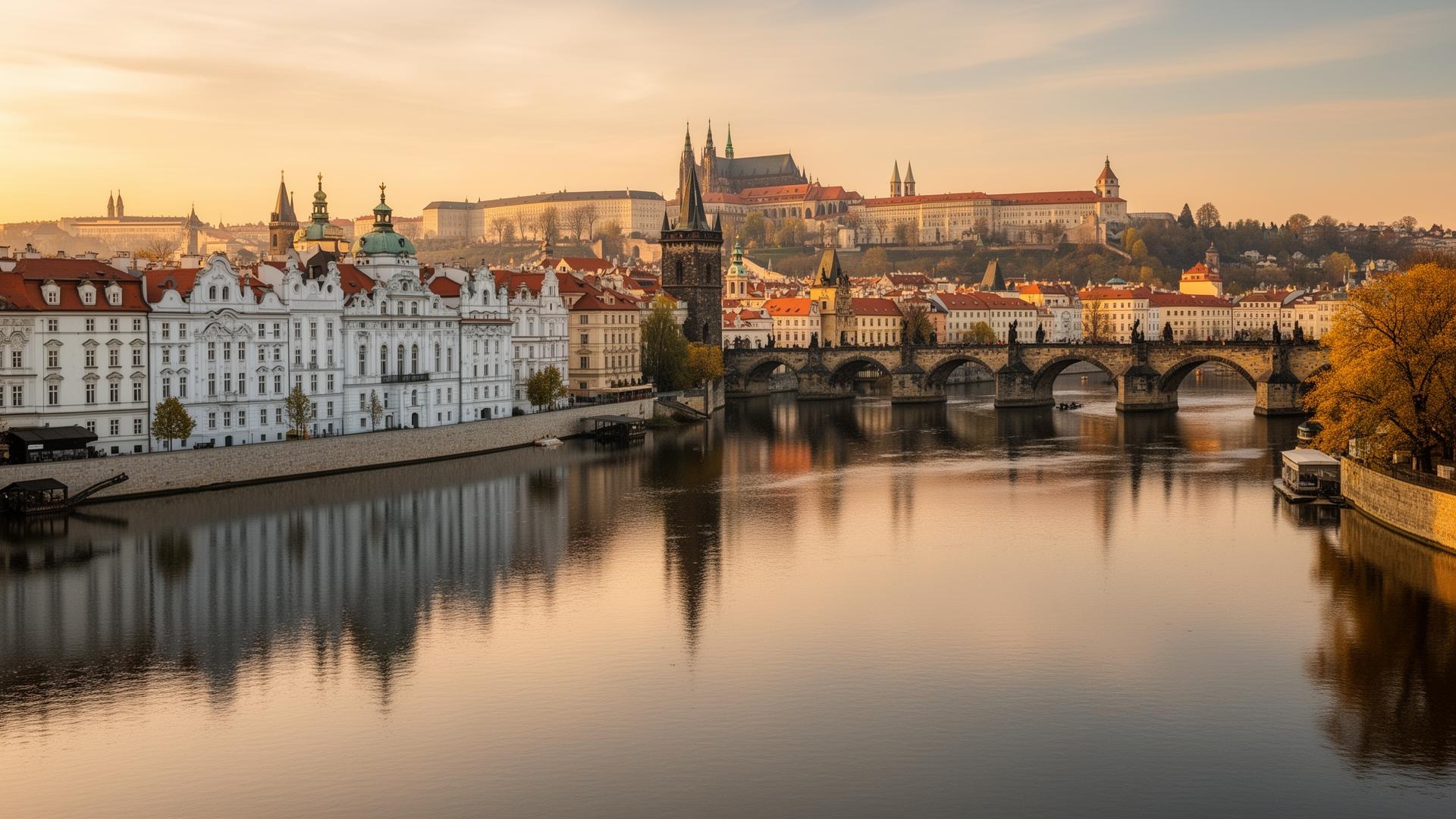 The Vltava river in Prague at last golden light with the river curving through the city, the Charles Bridge spanning it, white pastel Baroque buildings reflected in the water and Prague Castle on the hill