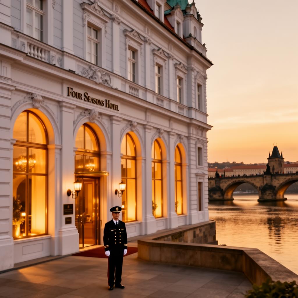 Four Seasons Hotel Prague iconic luxury hotel facade on the Vltava riverbank at golden hour with elegant white pastel Baroque-classical facade and warm-glowing arched windows