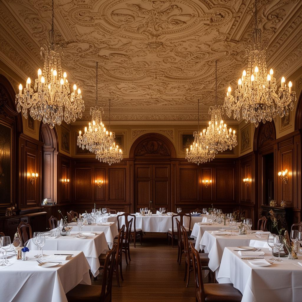 Grandrestaurant Pupp Karlovy Vary grand belle époque dining room with ornate white stucco ceiling, crystal chandeliers, white-jacketed waiters and elegantly set tables