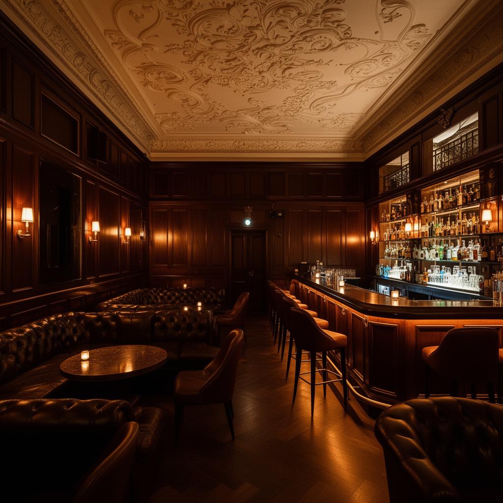 Klub Imperial Karlovy Vary grand upscale lounge interior at Hotel Imperial with coffered ceiling, deep red and dark wood, leather banquettes, low warm amber lighting and polished bar