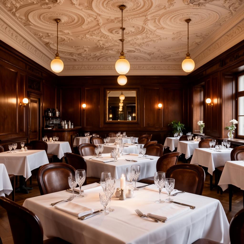 Restaurace Promenáda Karlovy Vary refined intimate fine dining room with warm wood paneling, white tablecloths, candlelight and a small number of elegantly set tables