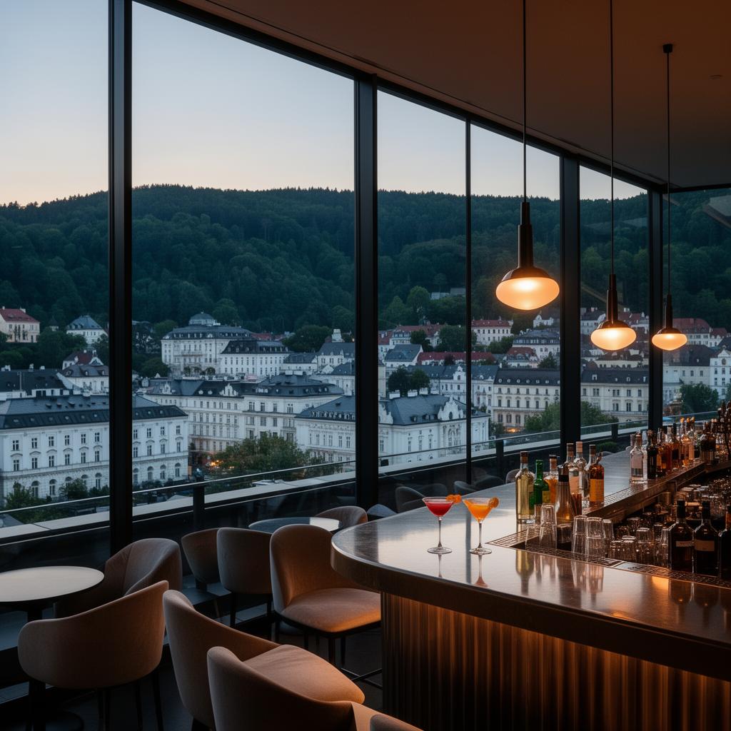 Sky Bar at Hotel Thermal Karlovy Vary rooftop bar terrace at golden hour with view over the white pastel spa town in the forested valley below and warm pendant lights