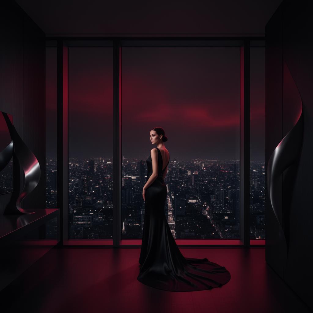 Editorial portrait of a sophisticated woman in a private penthouse overlooking a moody city skyline at night, lit by deep red ambient glow