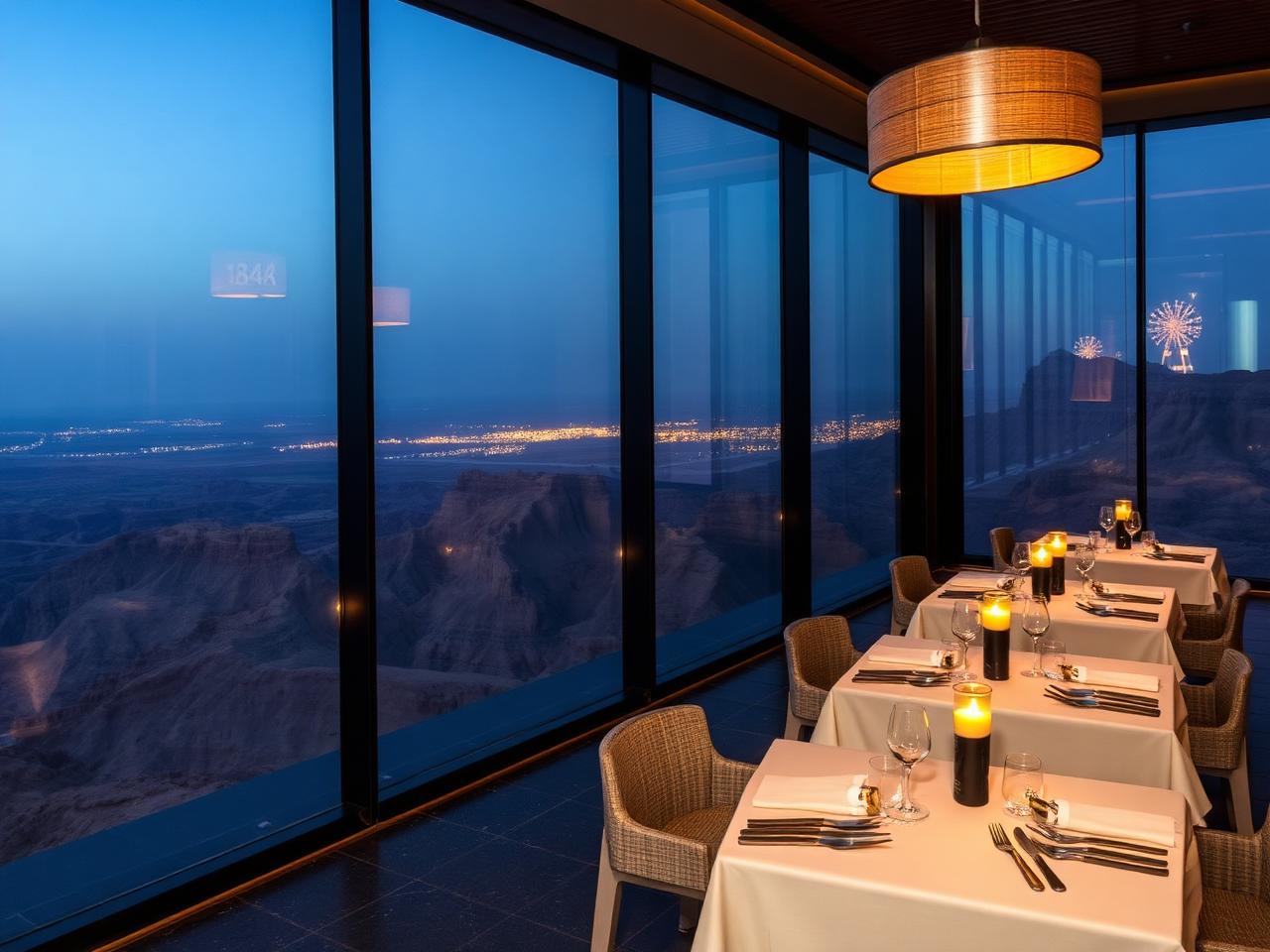 1484 by Puro the highest restaurant in the UAE atop Jebel Jais at blue hour with floor-to-ceiling glass walls, sweeping panoramic view of the Hajar Mountains and deep limestone canyons far below, dark stone surfaces, candlelit tables and warm cinematic amber lighting