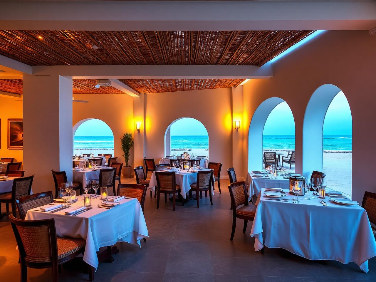 Beach refined Mediterranean beachfront restaurant at Waldorf Astoria Ras Al Khaimah at blue hour with whitewashed walls, woven rattan ceiling, linen-draped tables, candle lanterns and arched windows opening to the turquoise Arabian Gulf