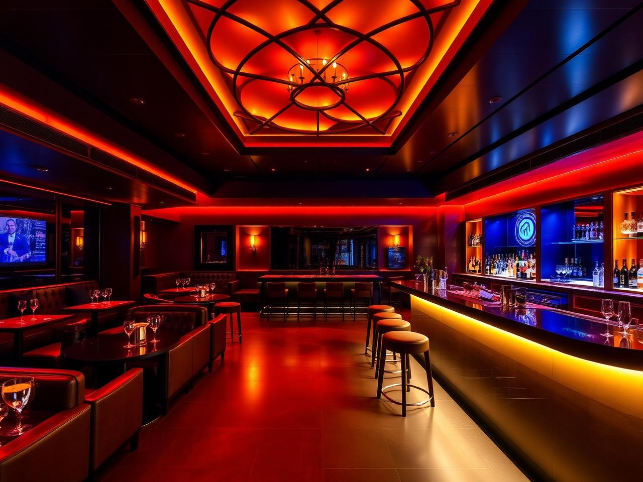 Refined upscale late-night lounge bar in Ras Al Khaimah at blue hour with dramatic deep red and amber LED lighting, dark surfaces, leather banquettes, polished bar with champagne buckets and a small intimate dance floor under a striking modern ceiling installation