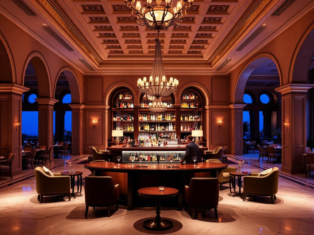 Refined lobby cocktail lounge bar at the Waldorf Astoria Ras Al Khaimah at blue hour with arched Arabian arcades, marble floors, plush armchairs, low chandeliers, polished bar with backlit bottles and warm cinematic amber lighting
