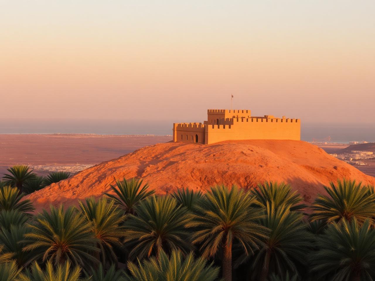 Dhayah Fort in Ras Al Khaimah at golden hour, a small historic hilltop mud-brick fortress with crenellated walls rising above date palm groves and the Arabian Gulf in the distance, warm desert light