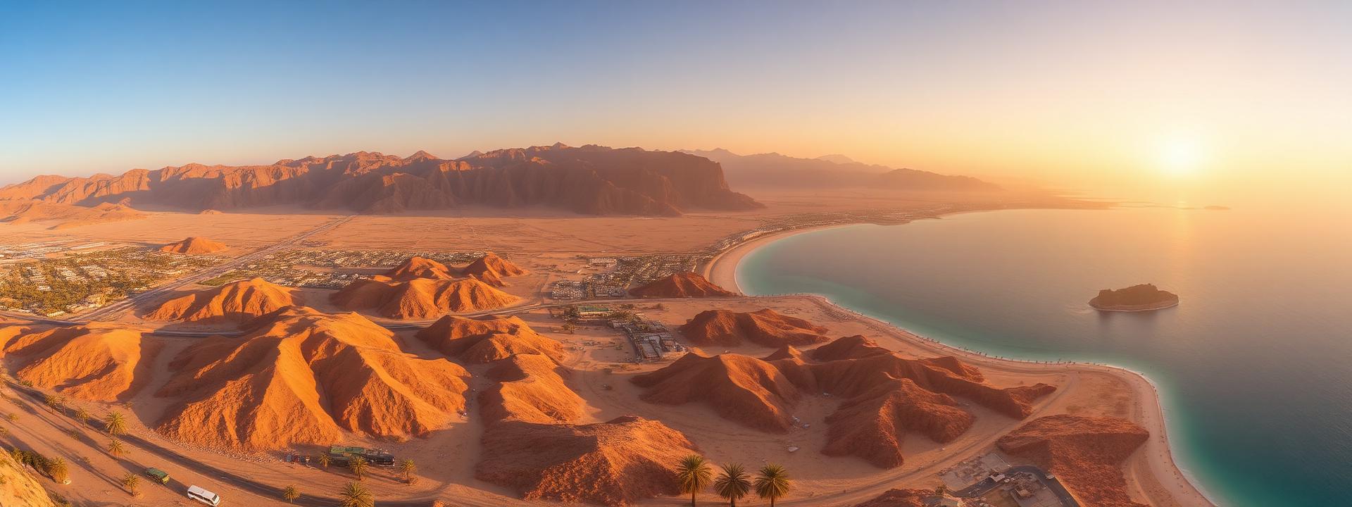 Panoramic aerial morning view of Ras Al Khaimah at golden hour with the rugged Hajar Mountains rising above the turquoise Arabian Gulf, the coastline of Al Marjan Island in the distance, palm trees and warm desert light