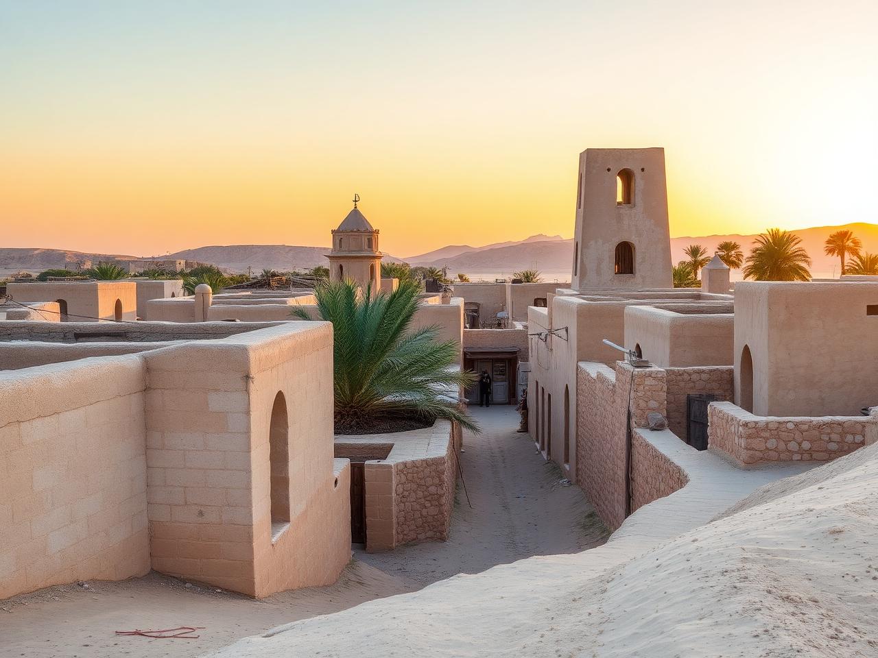 Al Jazirah Al Hamra abandoned pearl-diving village in Ras Al Khaimah at golden hour with weathered coral-stone houses, traditional wind towers, narrow sandy lanes, palm trees and warm desert light