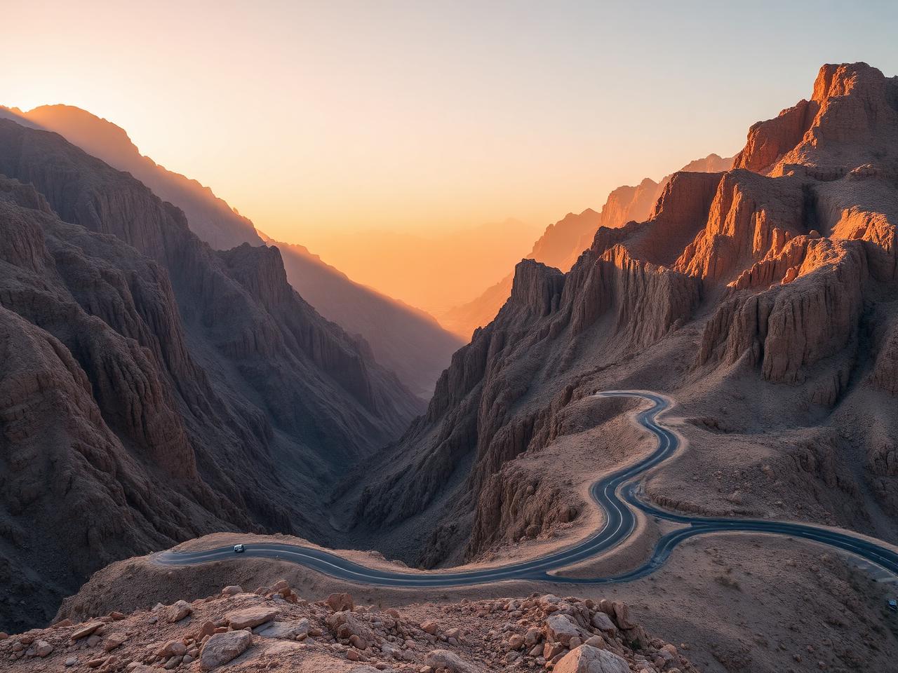 Jebel Jais the highest mountain peak in the UAE at golden hour with dramatic rugged limestone Hajar Mountains, the winding mountain road carved into the cliffs and warm cinematic desert light