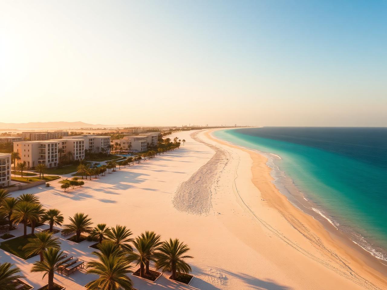 Al Marjan Island in Ras Al Khaimah at golden hour with a long crescent white sand beach, turquoise Arabian Gulf water, luxury beachfront resorts, palm trees and warm cinematic light