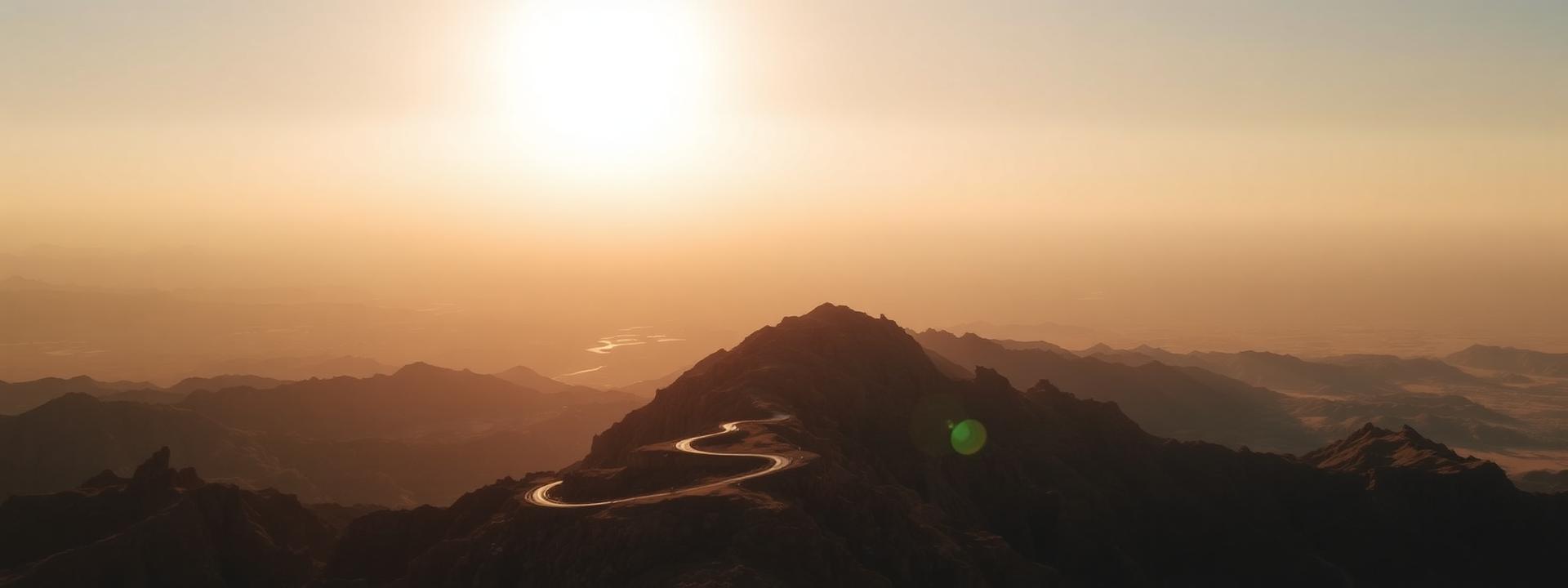 Aerial view of the Jebel Jais summit in Ras Al Khaimah UAE at golden hour with the highest peak of the rugged Hajar Mountains, deep limestone canyons and warm cinematic light