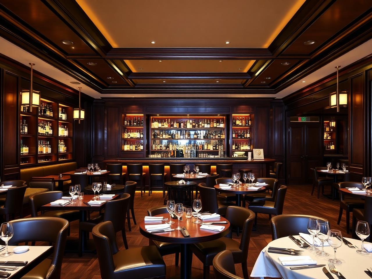 Lexington Grill refined upscale steakhouse interior at Waldorf Astoria Ras Al Khaimah with dark walnut panelling, leather banquettes, polished mahogany bar with backlit whiskey bottles, low pendant lighting and warm cinematic amber lighting