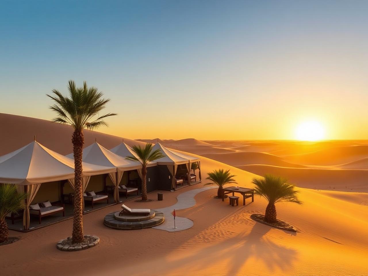 The Ritz-Carlton Ras Al Khaimah Al Wadi Desert luxury resort at golden hour with private Bedouin-style tented villas across the Arabian desert, traditional canvas roofs, palm courtyards and golden sand dunes in warm cinematic desert light