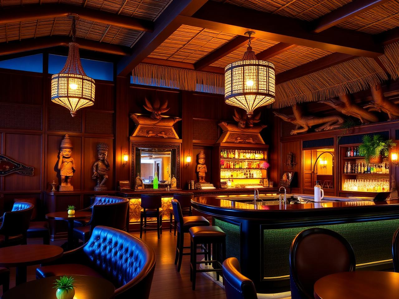 Trader Vic's Mai-Tai Lounge refined Polynesian tiki bar in Ras Al Khaimah at blue hour with dark teak walls, woven bamboo ceiling, carved tiki sculptures, low rattan pendant lighting, leather banquettes, polished bar with backlit shelves and warm cinematic amber lighting