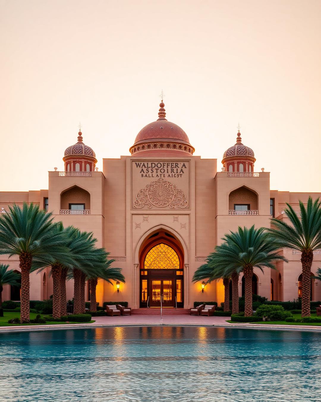 Waldorf Astoria Ras Al Khaimah luxury Arabian palace-style resort facade at golden hour with sandstone walls, ornate Moorish domes and arches, palm tree-lined driveway, a private beach on the turquoise Arabian Gulf and warm cinematic light