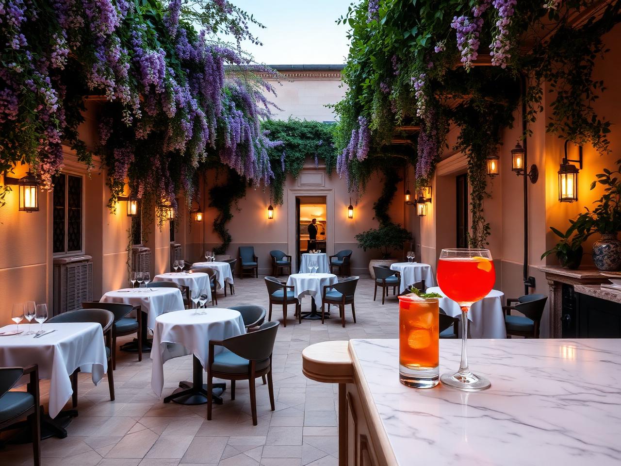 The Court at Palazzo Manfredi Rome refined courtyard cocktail bar at dusk with marble bistro tables under wisteria, warm lanterns and a single negroni