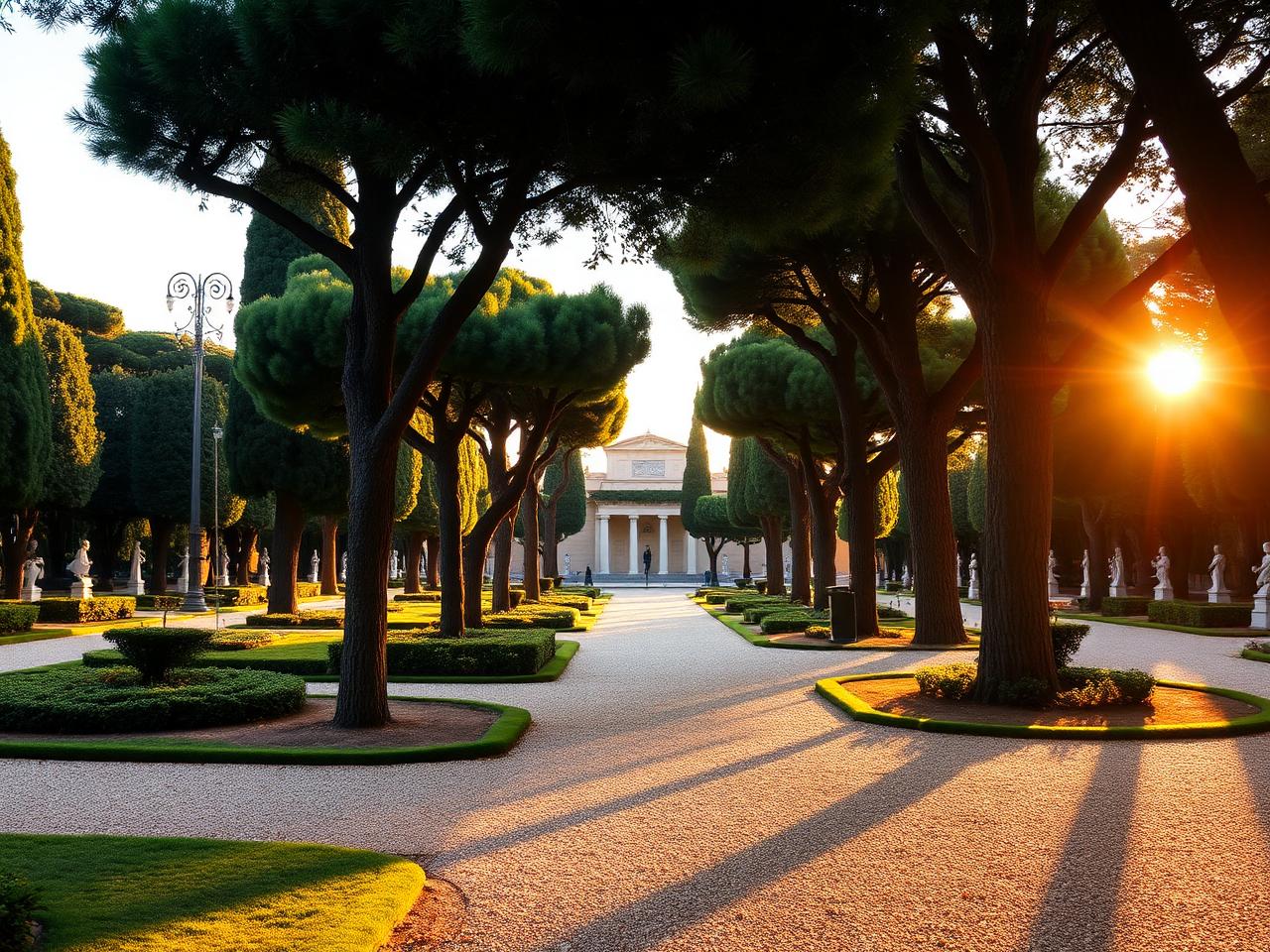 Villa Borghese gardens Rome at golden hour with formal Italian garden, umbrella pines, gravel paths, classical marble statues and a glimpse of the Galleria Borghese