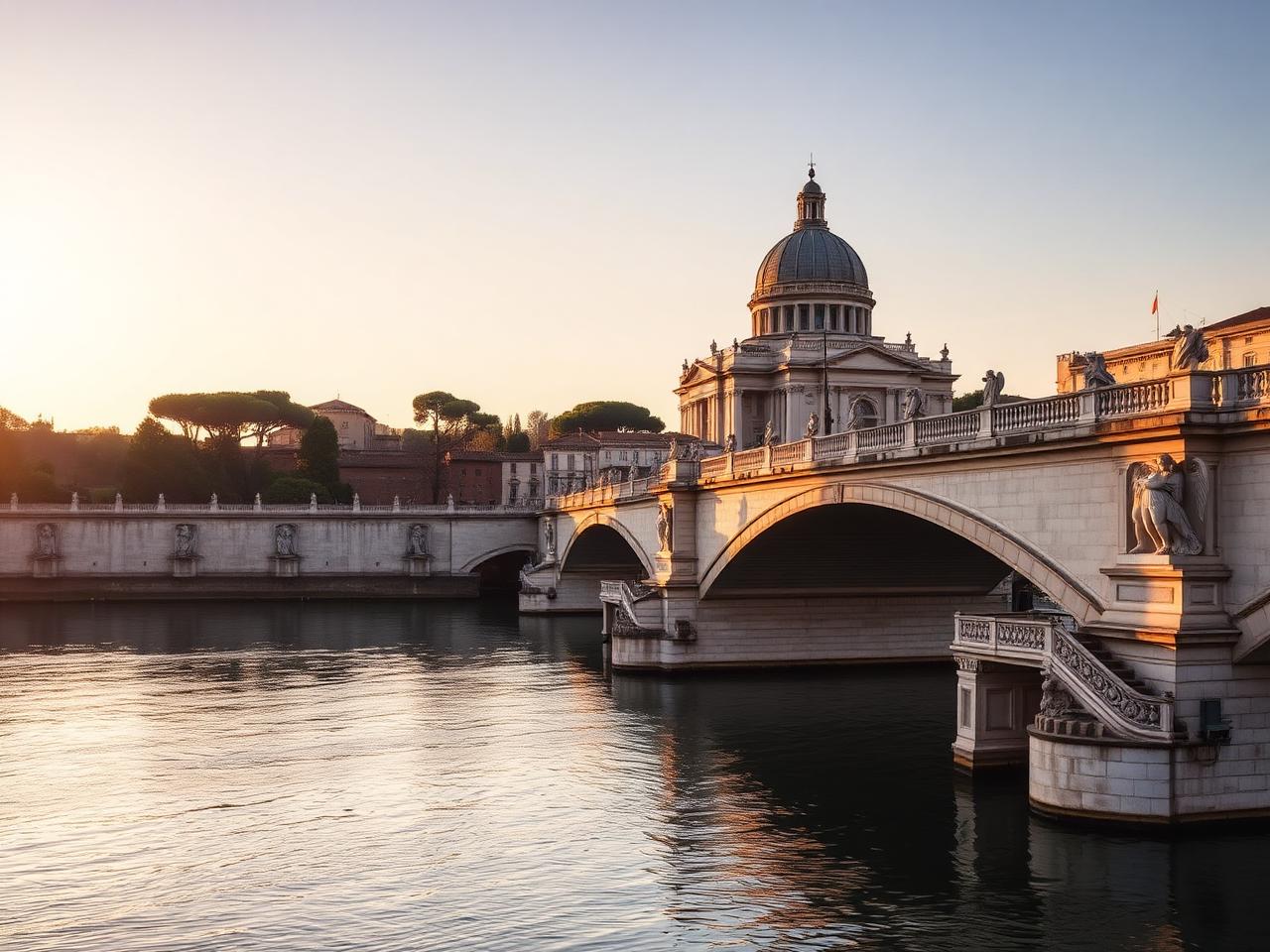 Castel Sant'Angelo and Ponte Sant'Angelo Rome at golden hour with Bernini marble angel statues on the bridge, warm late afternoon light catching the travertine and the Tiber river