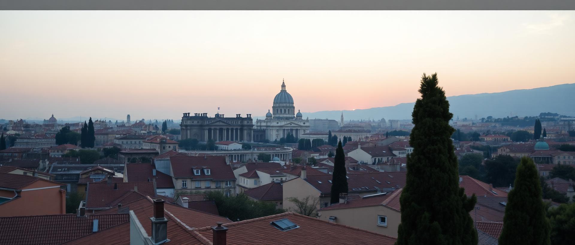 Aerial panorama of Rome at first light from the Pincio terrace overlooking the rooftops of the historic centre to the dome of St Peter's Basilica with terracotta roofs and umbrella pines