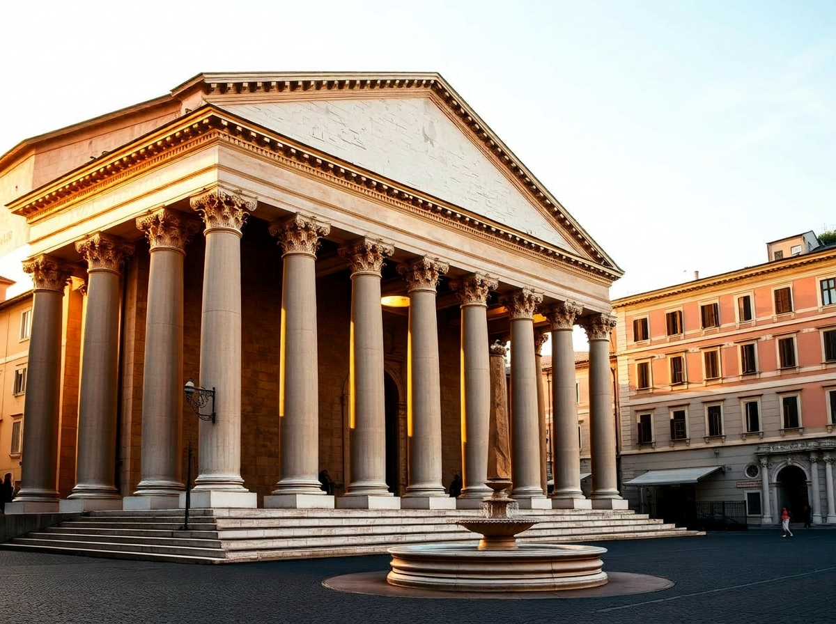 Pantheon Rome at golden hour, ancient Roman temple with massive granite columns and triangular pediment, warm late afternoon light catching the travertine and the small Piazza della Rotonda