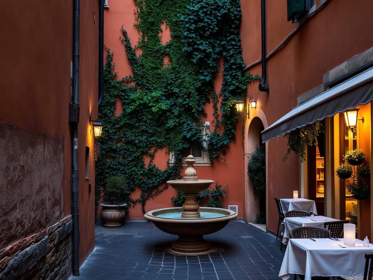 Trastevere quarter Rome at dusk, narrow cobblestone alley with ochre and terracotta plastered walls, ivy, small lanterns, an ancient stone fountain and café tables with white linens